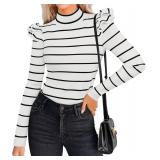 ZESICA Womens Striped Ruffle Long Sleeve Tops Fall Turtleneck Ribbed Knit Slim Fit Basic Shirt Casual Pullover Sweater Size L