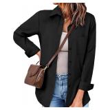 Womens Button Down Shirts Oversized Long Sleeve Shirt Loose Fit Casual Blouse Work Office Top with Pockets Size S Black