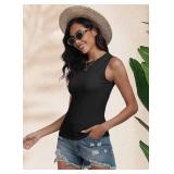 PrinStory Womens Sleeveless Textured Slim Tops Crewneck Knit Solid Summer Casual Shirts Pullover Tank Tops for Women Size L Grass Green