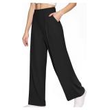 CLOZOZ Womens High Waisted Dressy Pants Tummy Control Waffle Knit Loose Fit Straight Leg Stretch Casual Wide Leg Trouser Size M