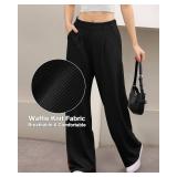 CLOZOZ Womens High Waisted Dressy Pants Tummy Control Waffle Knit Loose Fit Straight Leg Stretch Casual Wide Leg Trouser Size M