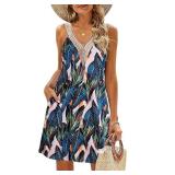 SimpleFun Summer Dresses for Women Beach Lace V-Neck Sundresses Casual Tropical Print Sleeveless Short Dress with Pockets Size L