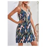 SimpleFun Summer Dresses for Women Beach Lace V-Neck Sundresses Casual Tropical Print Sleeveless Short Dress with Pockets Size L