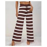 ZESICA Womens Casual Striped Wide Leg Pants Elastic Waist Drawstring Knit Loose Soft Pajama Lounge Pants Fall Clothes size S Black and White