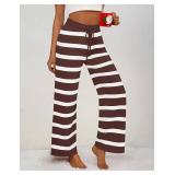 ZESICA Womens Casual Striped Wide Leg Pants Elastic Waist Drawstring Knit Loose Soft Pajama Lounge Pants Fall Clothes size S Black and White