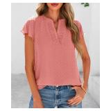 PRETTYGARDEN Womens Summer Tops 2025 Casual Ruffle Sleeve Pleated V Neck Shirts Dressy Swiss Dot T-Shirts Crochet Blouse XXL Blue/Gray