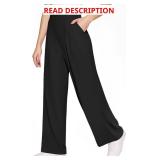 CLOZOZ Womens High Waisted Dressy Pants Tummy Control Waffle Knit Loose Fit Straight Leg Stretch Casual Wide Leg Trouser Size L Deep Blue