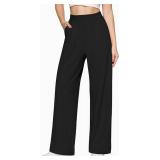 CLOZOZ Womens High Waisted Dressy Pants Tummy Control Waffle Knit Loose Fit Straight Leg Stretch Casual Wide Leg Trouser Size L Deep Blue