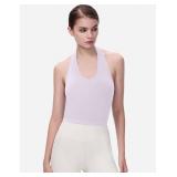 Eleplus 2 Pieces V Neck Halter Crop Tanks Tops for Women Backless Going Out Tops Workout Sport Bra Pack of 2 White+Purple,L-XL , Large-X-Large