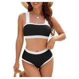 Jolefille Women High Waisted Bikini Set- Color Block Two Piece Swimsuit Tummy Cotrol Bathing Suit Bandeau Top Coverage Bottom Size L