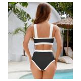 Jolefille Women High Waisted Bikini Set- Color Block Two Piece Swimsuit Tummy Cotrol Bathing Suit Bandeau Top Coverage Bottom Size L