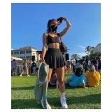 OQQ Women 2 Piece Skirts 2 in 1 Flowy Basic Versatile Stretchy Flared Casual Mini Skirts