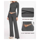 MANGOPOP 2 Piece Lounge Sets for Women Fold Over Flare Pants Long Sleeve Top V-Cut Flare Leggings Fall Pajamas Casual Outfits S