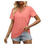 Aokosor Womens Summer Tops 2025 Trendy Crochet V Neck Tee Shirts Short Sleeve Casual white L