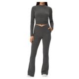MANGOPOP 2 Piece Lounge Sets for Women Fold Over Flare Pants Long Sleeve Top V-Cut Flare Leggings Fall Pajamas Casual Outfits S