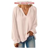 Womens Blouses Dressy Casual Fashion Smocked Long Lantern Sleeve V Neck Chiffon Shirts Tops Fall Outfits Clothes size S Black
