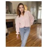 Womens Blouses Dressy Casual Fashion Smocked Long Lantern Sleeve V Neck Chiffon Shirts Tops Fall Outfits Clothes size S Black