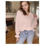 Womens Blouses Dressy Casual Fashion Smocked Long Lantern Sleeve V Neck Chiffon Shirts Tops Fall Outfits Clothes size S Black