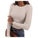 Womens Long Sleeve Shirt Slim Fit Stretch Crewneck Ribbed Top Undershirt Tees Basic Tunic Size M