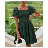 dowerme Womens Summer Dresses 2025 Puff Short Sleeve Square Neck Smocked Floral Wedding Guest Mini Dress with Pockets Size S