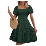 dowerme Womens Summer Dresses 2025 Puff Short Sleeve Square Neck Smocked Floral Wedding Guest Mini Dress with Pockets M