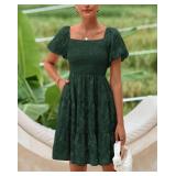 dowerme Womens Summer Dresses 2025 Puff Short Sleeve Square Neck Smocked Floral Wedding Guest Mini Dress with Pockets M