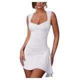 Pasgreson Womens Square Neck Bodice Side Straps Dress Sleeveless Tank Top Mini Bodycon Dresses M