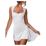 Pasgreson Womens Square Neck Bodice Side Straps Dress Sleeveless Tank Top Mini Bodycon Dresses M