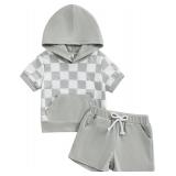 Toddler Boy Shorts Set Short Sleeve Gesture Hoodie Checkerboard Plaid Top Drawstring Shorts Baby Boy Summer Outfit 12-18M