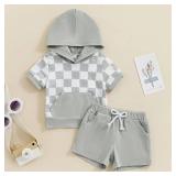 Toddler Boy Shorts Set Short Sleeve Gesture Hoodie Checkerboard Plaid Top Drawstring Shorts Baby Boy Summer Outfit 12-18M