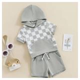 Toddler Boy Shorts Set Short Sleeve Gesture Hoodie Checkerboard Plaid Top Drawstring Shorts Baby Boy Summer Outfit 12-18M