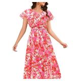 Bridesmay Womens Summer Floral Midi Dresses Ruffle Sleeve Beach Wedding Guest Dress V Neck Swing Flowy Dresses XL