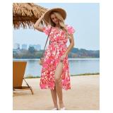 Bridesmay Womens Summer Floral Midi Dresses Ruffle Sleeve Beach Wedding Guest Dress V Neck Swing Flowy Dresses XL