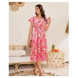Bridesmay Womens Summer Floral Midi Dresses Ruffle Sleeve Beach Wedding Guest Dress V Neck Swing Flowy Dresses XL