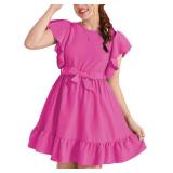 RETSUGO Girl Spring Summer Dresses Butterfly Sleeve Cotton A Line Ruffles School Dress for 6-14 Years Kids