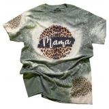 Mama Vintage Bleached T-Shirt Women Funny Leopard Graphic Mama Shirt Tee Casual Short Sleeve Letter Print Mom Tee Tops size L