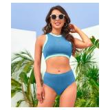 XUNYU Women High Waisted Bikini Set Ribbed 2 Piece Bestselling Swimsuit Tummy Control Bathing Suit for Teens Swim Suit 10-14Lg