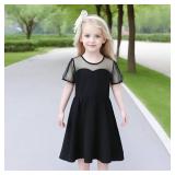 Black Girl Dress Formal Contrast Mesh Short Sleeve Polka Dots A Line Casual Party Dress 6-11Y