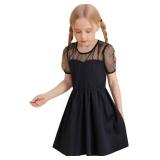 Black Girl Dress Formal Contrast Mesh Short Sleeve Polka Dots A Line Casual Party Dress 6-11Y