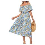 GRACE KARIN Womens 2025 Summer Dress Off Shoulder Floral Dress Puff Sleeve Smocked Boho Beach Midi Dress with Pockets Blue Small