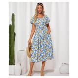GRACE KARIN Womens 2025 Summer Dress Off Shoulder Floral Dress Puff Sleeve Smocked Boho Beach Midi Dress with Pockets Blue Small