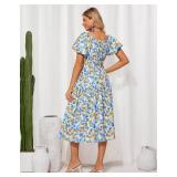 GRACE KARIN Womens 2025 Summer Dress Off Shoulder Floral Dress Puff Sleeve Smocked Boho Beach Midi Dress with Pockets Blue Small