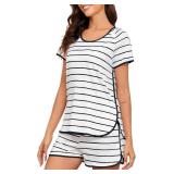 FKEEP Stripe Pajamas Set Women Two-Piece Nightwear Short Sleeve Sleepwear Soft Side Split Loungewear Pjs Sets Size L