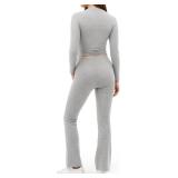 MANGOPOP 2 Piece Lounge Sets for Women Fold Over Flare Pants Long Sleeve Top V-Cut Flare Leggings Fall Pajamas Casual Outfits Size L