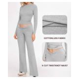 MANGOPOP 2 Piece Lounge Sets for Women Fold Over Flare Pants Long Sleeve Top V-Cut Flare Leggings Fall Pajamas Casual Outfits Size L