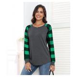 Smile Fish Womens Crewneck Raglan Long Sleeve Shirts Buffalo Plaid Relaxed Fit Christmas Top Tees M