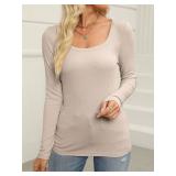 Womens Casual Long Sleeve Stretch Scoop Neck Basic Ribbed T-Shirt Slim Fit Casual Basic Tops S Cream