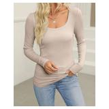Womens Casual Long Sleeve Stretch Scoop Neck Basic Ribbed T-Shirt Slim Fit Casual Basic Tops S Cream