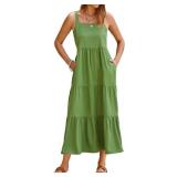 SimpleFun Maxi Dress for Women Cruise Vacation Fashion Sleeveless Plain Flowy Long Sun Dress with Pockets Green,L