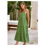 SimpleFun Maxi Dress for Women Cruise Vacation Fashion Sleeveless Plain Flowy Long Sun Dress with Pockets Green,L